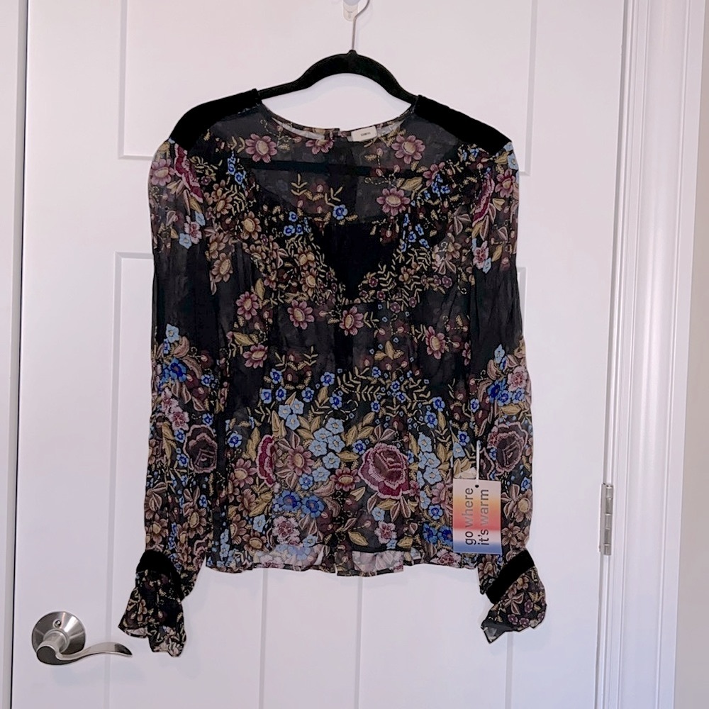 NWT Warm Velvet Shoulder Black Floral Sheer Blouse